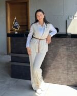 Beige Pinstripe Linen Suit