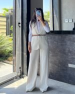 Beige Pinstripe Linen Suit - Image 2